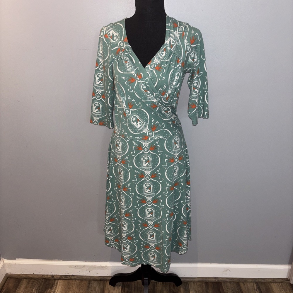 Blue Platypus Women's Midi Wrap Dress Sage Green Bird Novelty Print Whimsical M